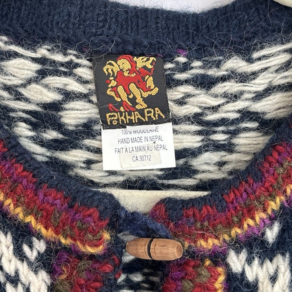 Pokhara Hand Knit Women Wool Cardigan Sweater L Nordic Fair Isle Toggle Buttons - Picture 3 of 13